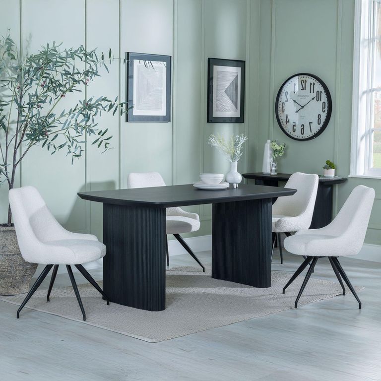 Bern Fluted Dining Set - 6 Seater - 160cm - Black - Arctic Swivel Dining Chairs - Cream Velvet Fabric