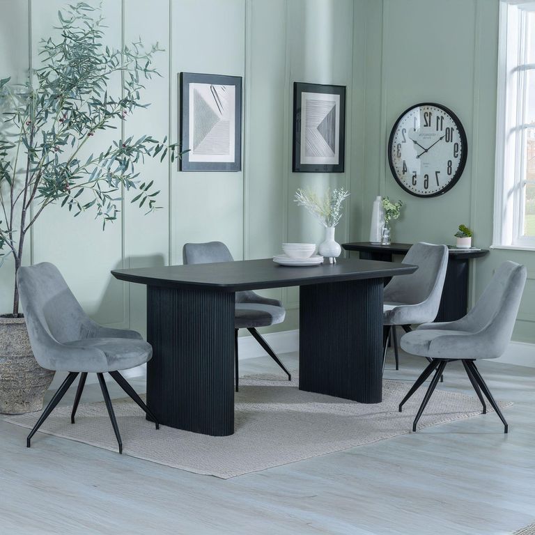 Bern Fluted Dining Set - 6 Seater - 160cm - Black - Arctic Swivel Dining Chairs - Grey Velvet Fabric