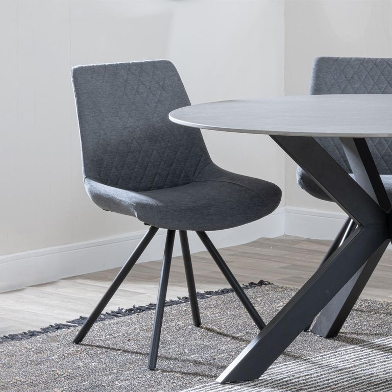 Bern Fluted Dining Set - 6 Seater - 160cm - Black - Boden Swivel Dining Chairs - Grey Fabric