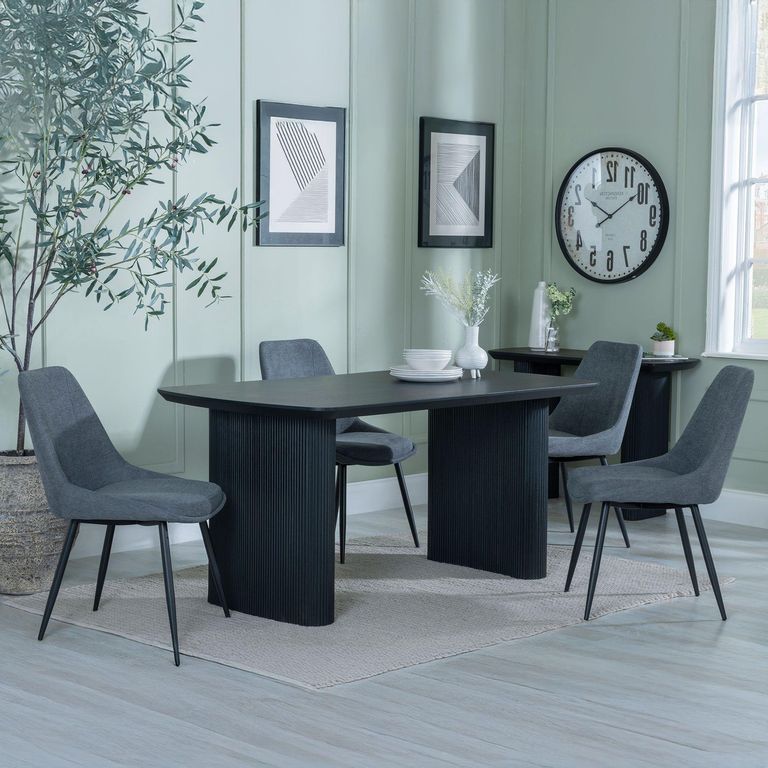 Bern Fluted Dining Set - 6 Seater - 160cm - Black - Darwin Dining Chairs - Grey Fabric