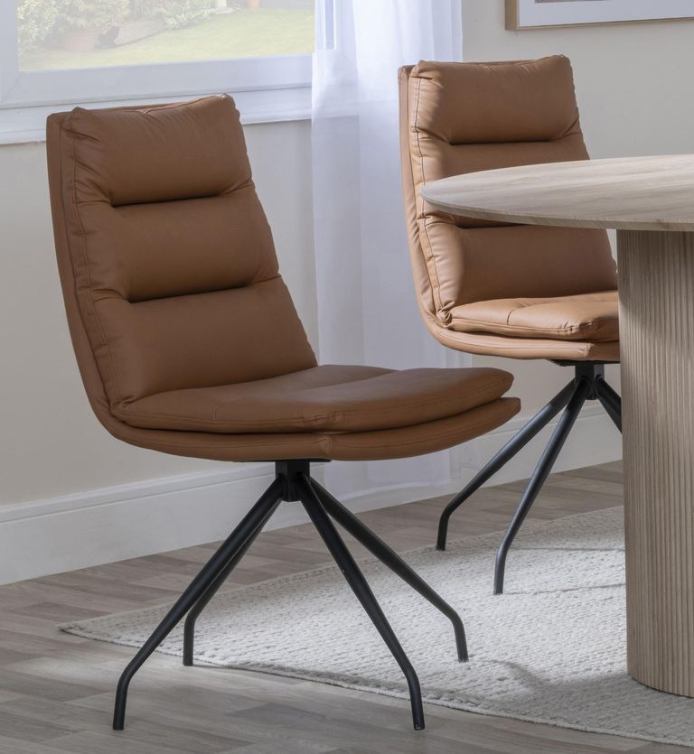 Bern Fluted Dining Set - 6 Seater - 160cm - Black - Diego Swivel Dining Chairs - Brown Leather