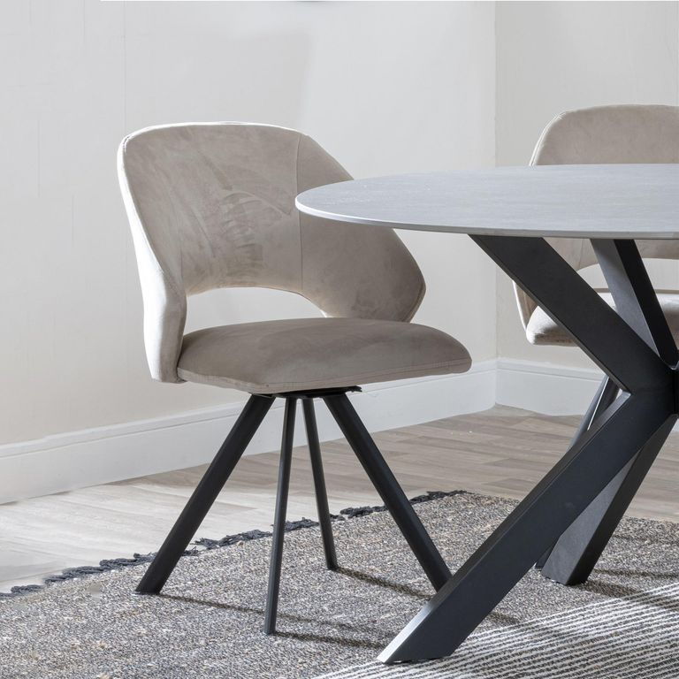 Bern Fluted Dining Set - 6 Seater - 160cm - Black - Ion Swivel Dining Chairs - Beige Velvet Fabric