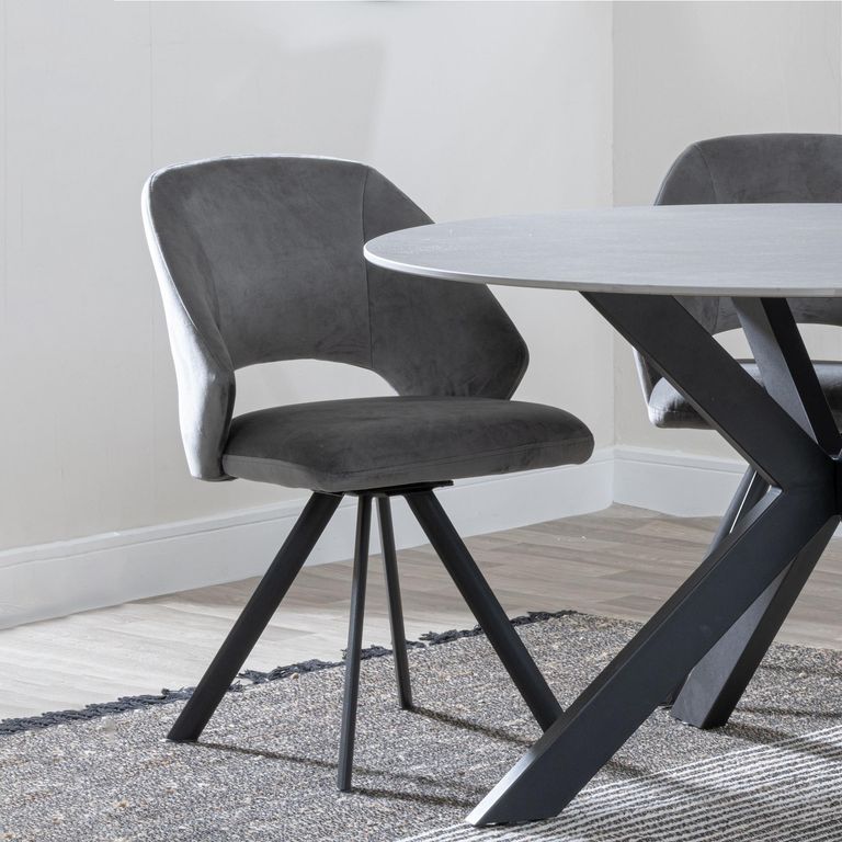 Bern Fluted Dining Set - 6 Seater - 160cm - Black - Ion Swivel Dining Chairs - Dark Grey Velvet Fabric