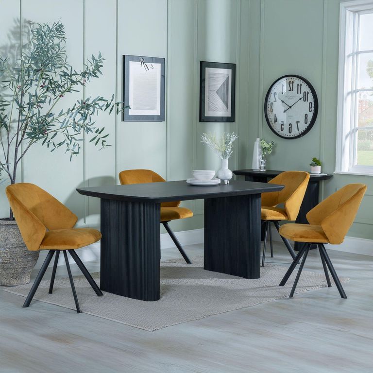 Bern Fluted Dining Set - 6 Seater - 160cm - Black - Ion Swivel Dining Chairs - Mustard Velvet Fabric