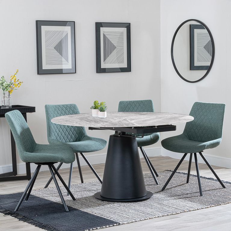 Carrara Dining Set - 4 Seater - 135cm - Round - Grey Ceramic - Extending - 4x Boden Swivel Dining Chairs - Green Fabric