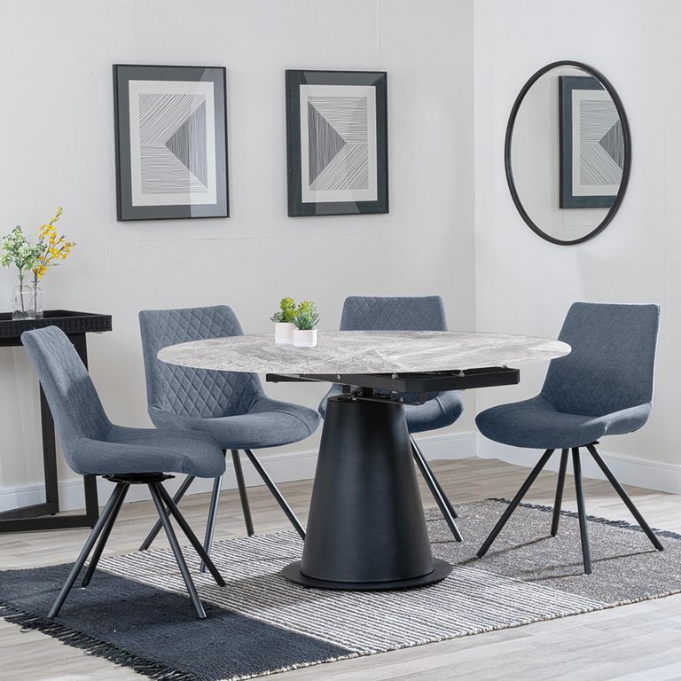 Carrara Dining Set - 4 Seater - 135cm - Round - Grey Ceramic - Extending - 4x Boden Swivel Dining Chairs - Grey Fabric