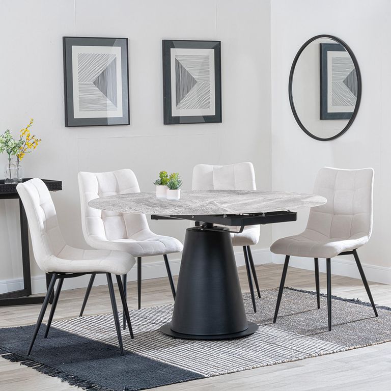 Carrara Dining Set - 4 Seater - 135cm - Round - Grey Ceramic - Extending - 4x Corona Dining Chairs - Beige Fabric