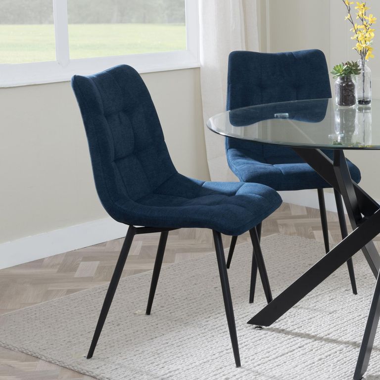 Carrara Dining Set - 4 Seater - 135cm - Round - Grey Ceramic - Extending - 4x Corona Dining Chairs - Blue Fabric