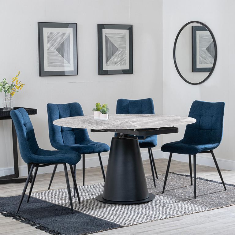 Carrara Dining Set - 4 Seater - 135cm - Round - Grey Ceramic - Extending - 4x Corona Dining Chairs - Blue Fabric