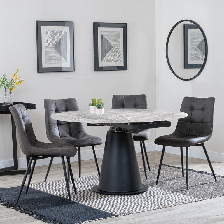 Carrara Dining Set - 4 Seater - 135cm - Round - Grey Ceramic - Extending - 4x Corona Dining Chairs - Grey Fabric