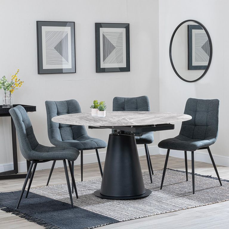 Carrara Dining Set - 4 Seater - 135cm - Round - Grey Ceramic - Extending - 4x Corona Dining Chairs - Light Grey Fabric