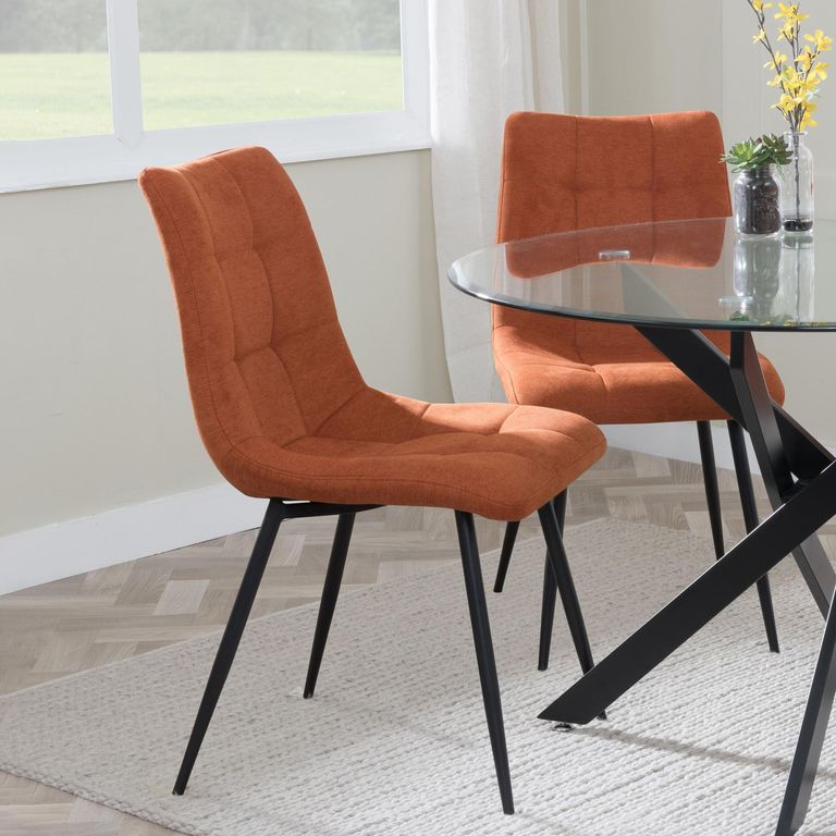 Carrara Dining Set - 4 Seater - 135cm - Round - Grey Ceramic - Extending - 4x Corona Dining Chairs - Orange Fabric