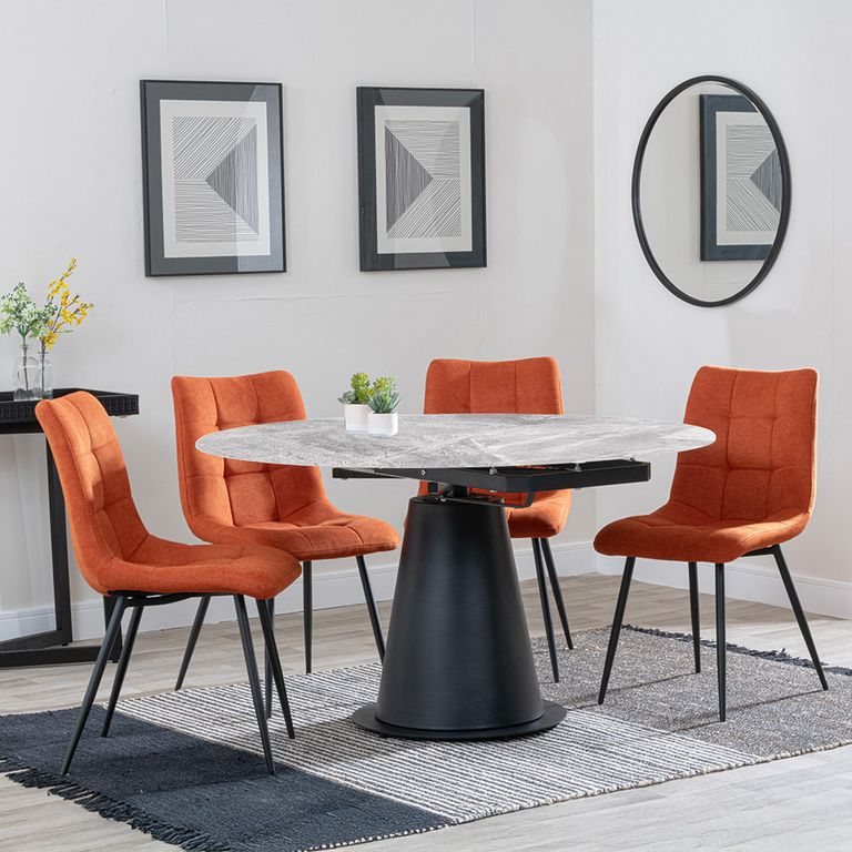 Carrara Dining Set - 4 Seater - 135cm - Round - Grey Ceramic - Extending - 4x Corona Dining Chairs - Orange Fabric