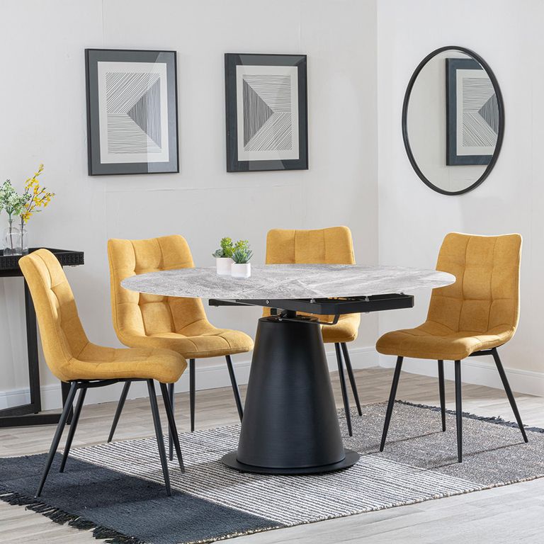 Carrara Dining Set - 4 Seater - 135cm - Round - Grey Ceramic - Extending - 4x Corona Dining Chairs - Yellow Fabric