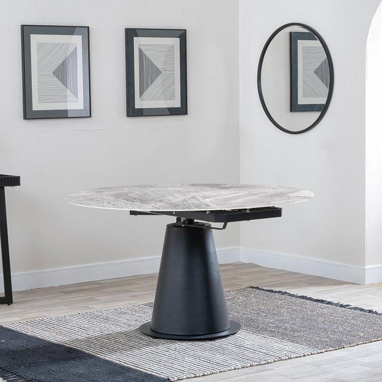 Carrara Dining Set - 4 Seater - 135cm - Round - Grey Ceramic - Extending - 4x Darwin Dining Chairs - Cream Fabric