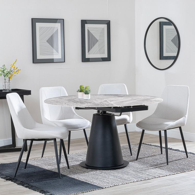 Carrara Dining Set - 4 Seater - 135cm - Round - Grey Ceramic - Extending - 4x Darwin Dining Chairs - Cream Fabric
