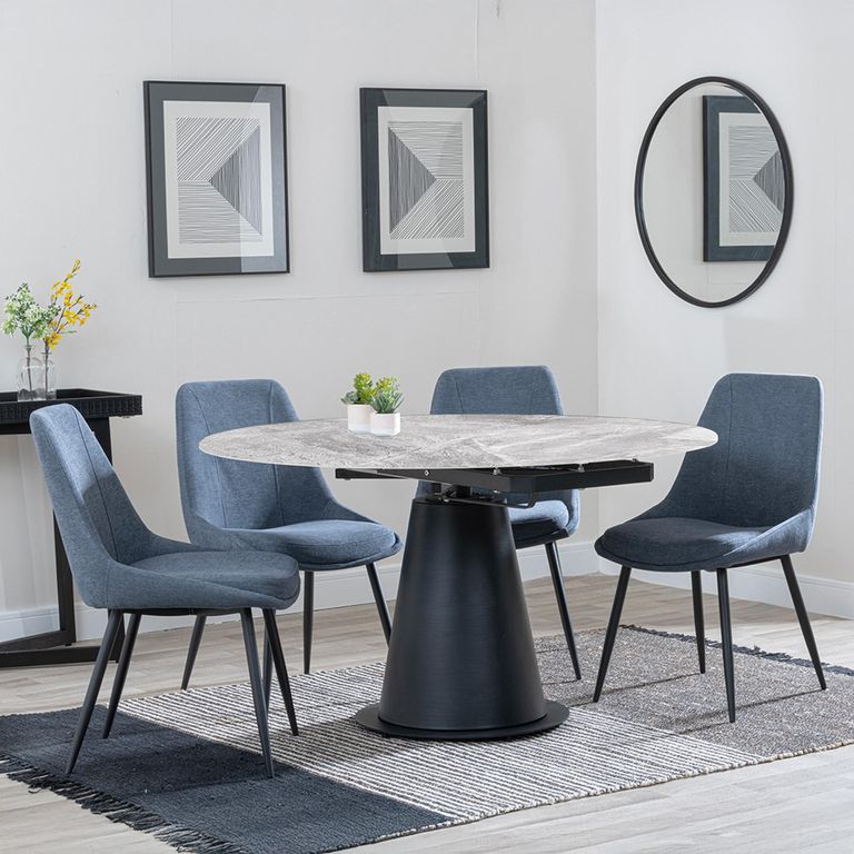 Carrara Dining Set - 4 Seater - 135cm - Round - Grey Ceramic - Extending - 4x Darwin Dining Chairs - Dark Grey Fabric