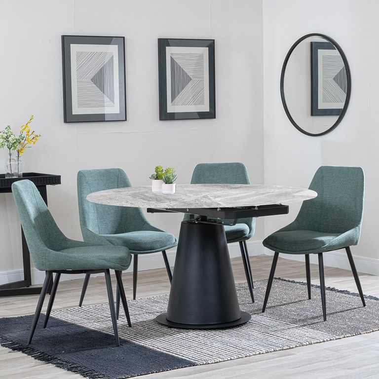 Carrara Dining Set - 4 Seater - 135cm - Round - Grey Ceramic - Extending - 4x Darwin Dining Chairs - Green Fabric
