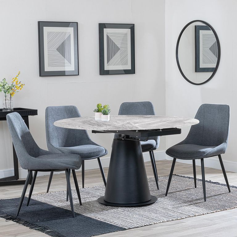 Carrara Dining Set - 4 Seater - 135cm - Round - Grey Ceramic - Extending - 4x Darwin Dining Chairs - Grey Fabric