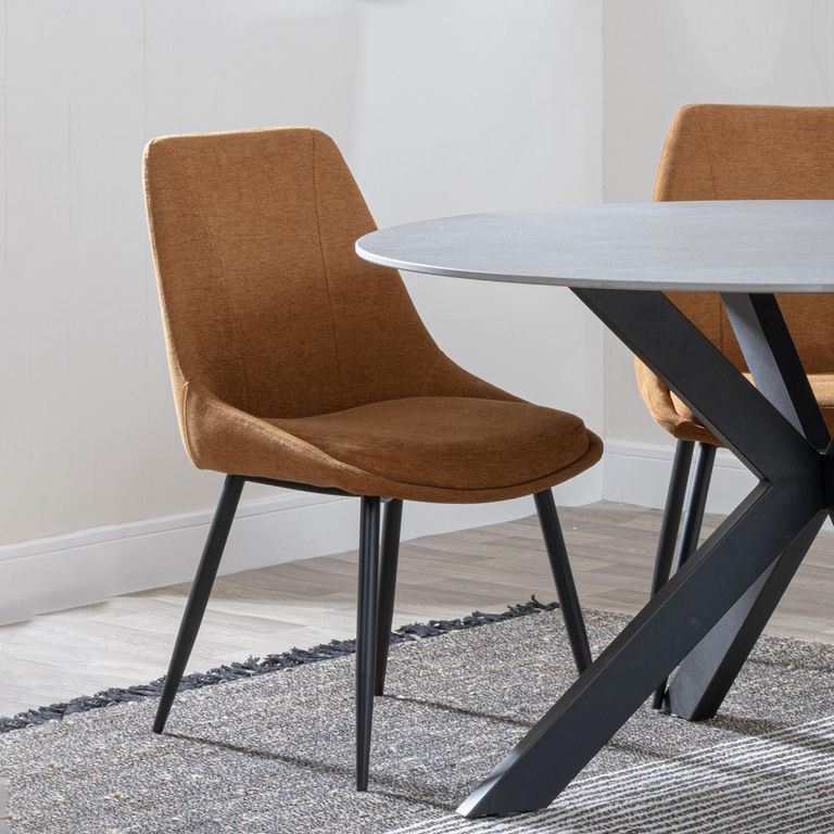 Carrara Dining Set - 4 Seater - 135cm - Round - Grey Ceramic - Extending - 4x Darwin Dining Chairs - Orange Fabric