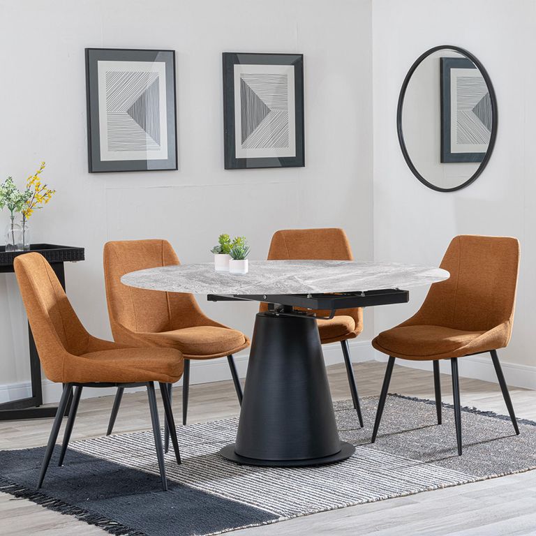 Carrara Dining Set - 4 Seater - 135cm - Round - Grey Ceramic - Extending - 4x Darwin Dining Chairs - Orange Fabric