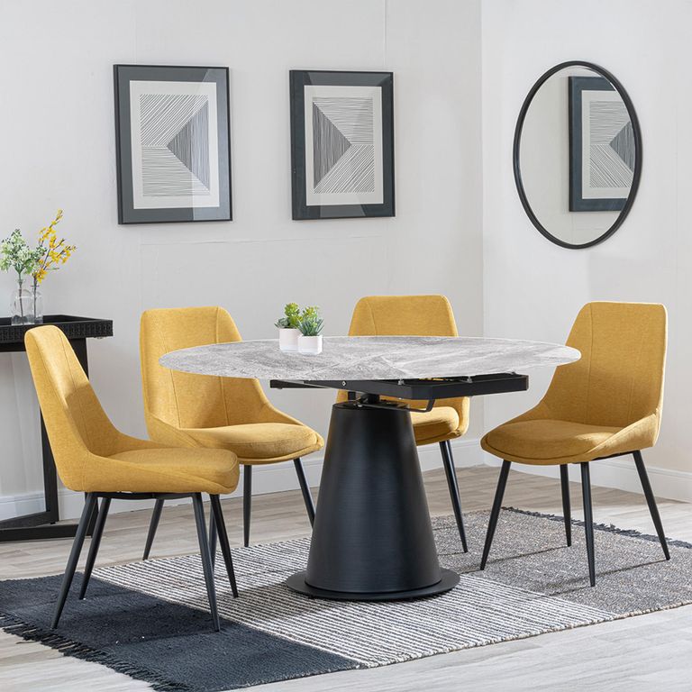 Carrara Dining Set - 4 Seater - 135cm - Round - Grey Ceramic - Extending - 4x Darwin Dining Chairs - Yellow Fabric