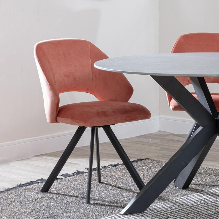 Carrara Dining Set - 4 Seater - 135cm - Round - Grey Ceramic - Extending - 4x Ion Swivel Dining Chairs - Orange Velvet Fabric