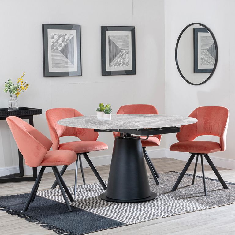 Carrara Dining Set - 4 Seater - 135cm - Round - Grey Ceramic - Extending - 4x Ion Swivel Dining Chairs - Orange Velvet Fabric
