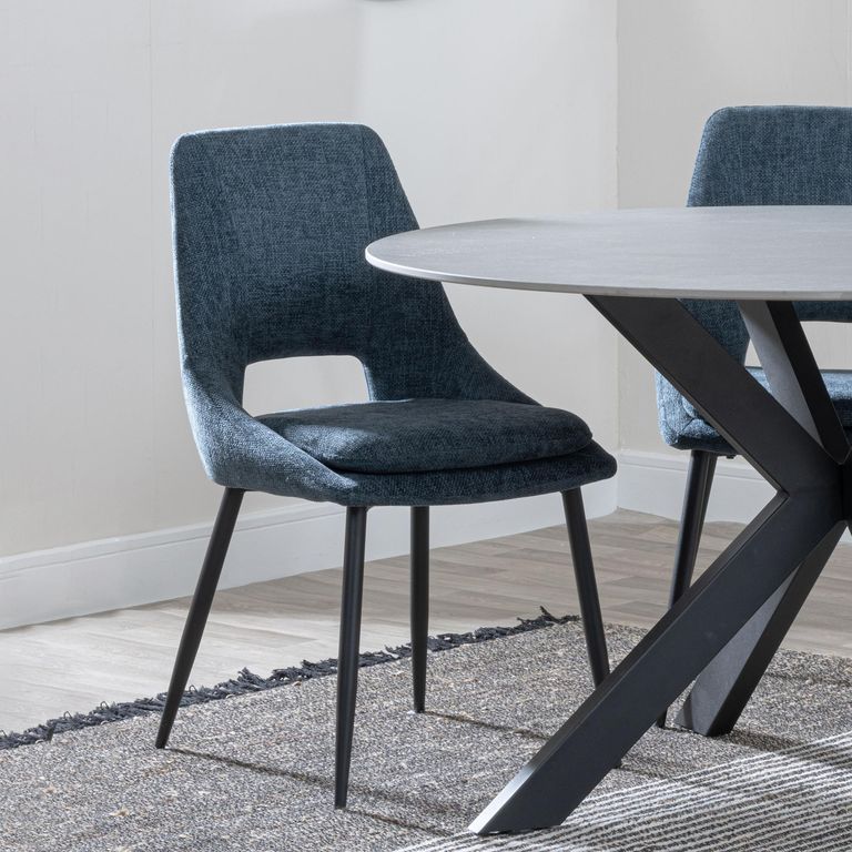 Carrara Dining Set - 4 Seater - 135cm - Round - Grey Ceramic - Extending - 4x Peyton Dining Chairs - Blue Fabric