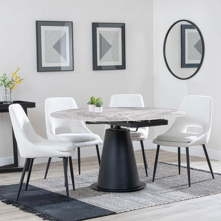 Carrara Dining Set - 4 Seater - 135cm - Round - Grey Ceramic - Extending - 4x Peyton Dining Chairs - Cream Fabric