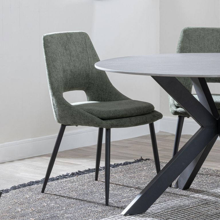 Carrara Dining Set - 4 Seater - 135cm - Round - Grey Ceramic - Extending - 4x Peyton Dining Chairs - Green Fabric