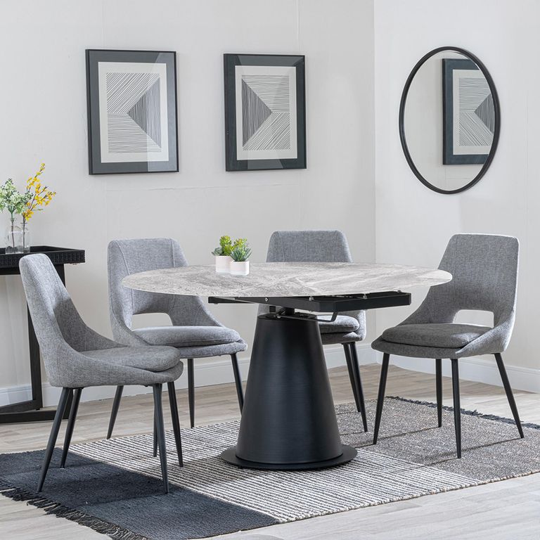 Carrara Dining Set - 4 Seater - 135cm - Round - Grey Ceramic - Extending - 4x Peyton Dining Chairs - Grey Fabric