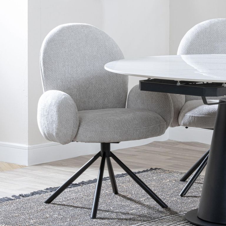 Carrara Dining Set - 4 Seater - 135cm - Round - Grey Ceramic - Extending - 4x Theo Swivel Dining Chairs - Grey Fabric
