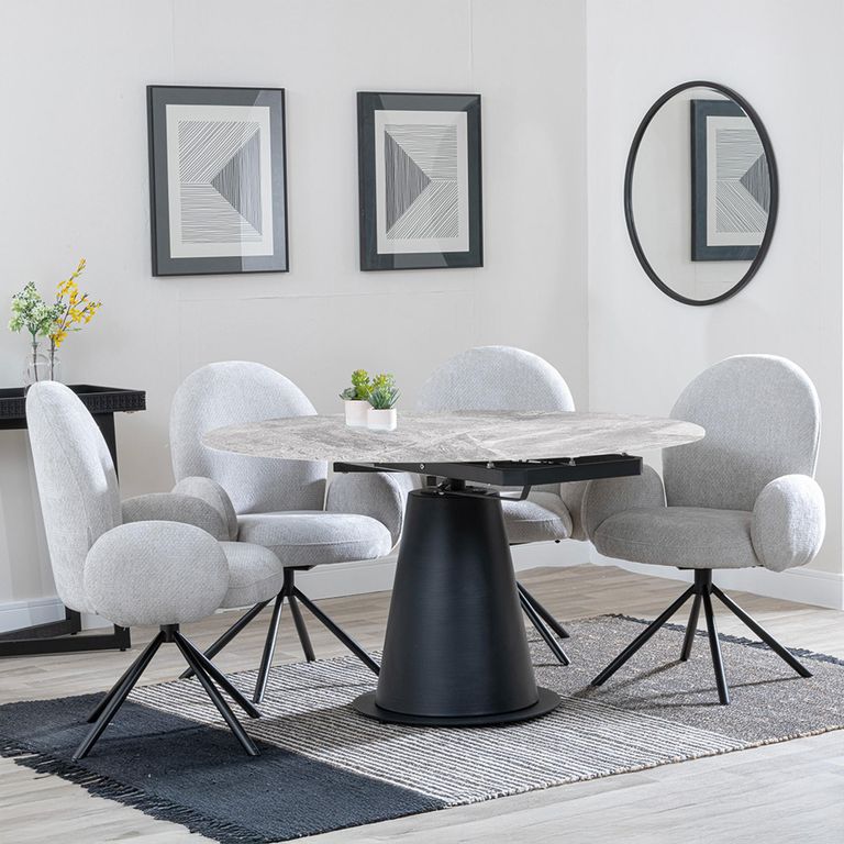 Carrara Dining Set - 4 Seater - 135cm - Round - Grey Ceramic - Extending - 4x Theo Swivel Dining Chairs - Grey Fabric