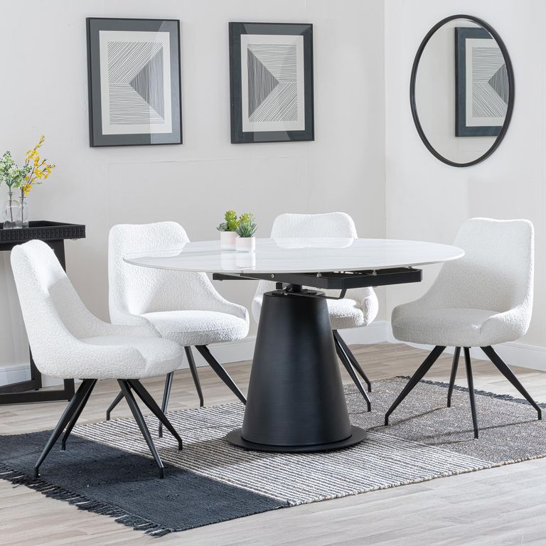 Carrara Dining Set - 4 Seater - 135cm - Round - White Ceramic - Extending - 4x Arctic Swivel Dining Chairs - Cream Velvet Fabric