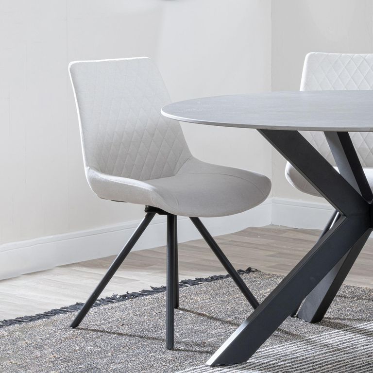 Carrara Dining Set - 4 Seater - 135cm - Round - White Ceramic - Extending - 4x Boden Swivel Dining Chairs - Cream Fabric