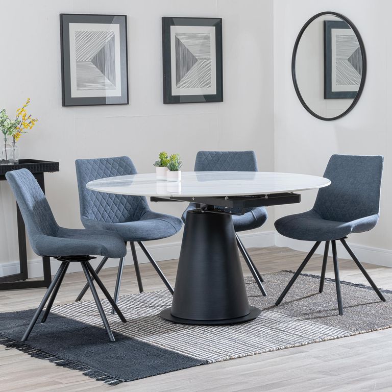 Carrara Dining Set - 4 Seater - 135cm - Round - White Ceramic - Extending - 4x Boden Swivel Dining Chairs - Dark Grey Fabric