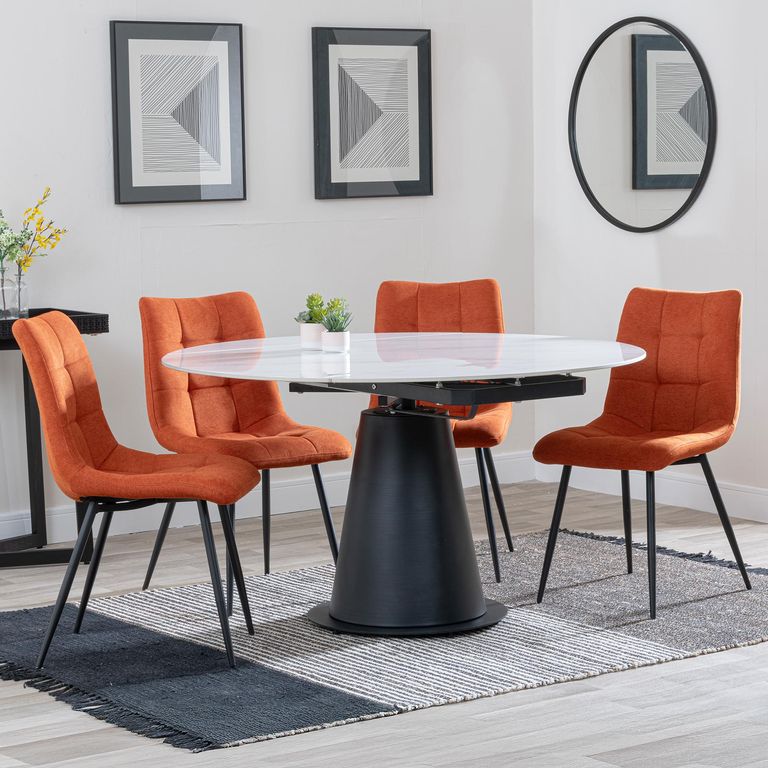 Carrara Dining Set - 4 Seater - 135cm - Round - White Ceramic - Extending - 4x Corona Dining Chairs - Orange Fabric