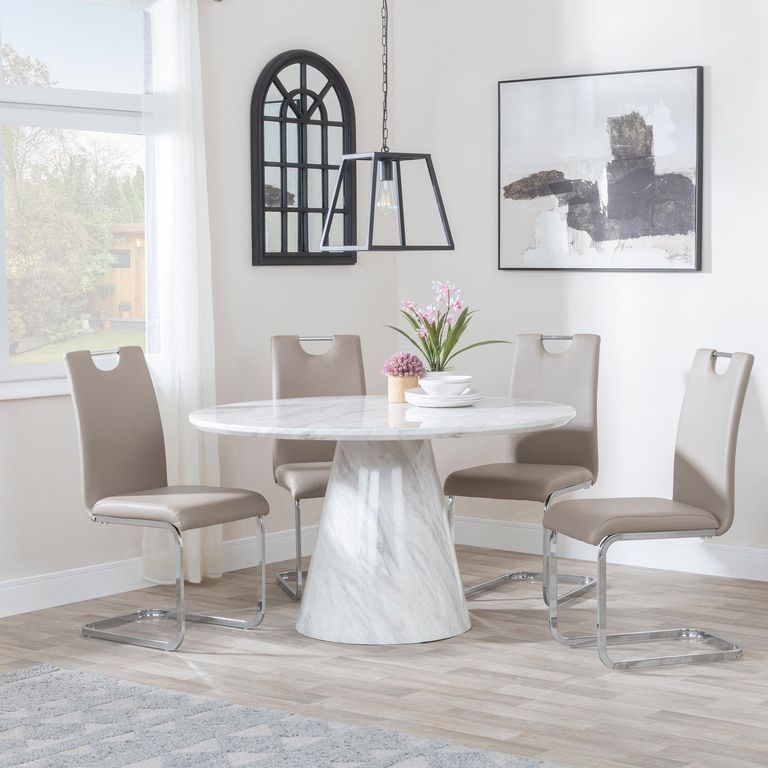 Carrera Dining Set - 4 Seater - 130cm - Round - White Marble - 4x Bianco Dining Chairs - Beige Faux Leather