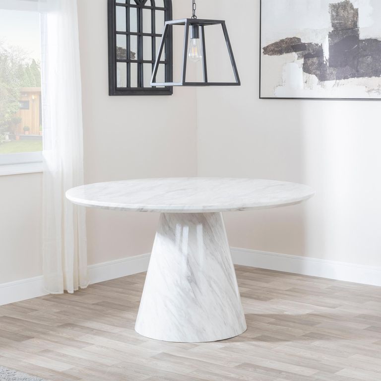 Carrera Dining Set - 4 Seater - 130cm - Round - White Marble - 4x Bianco Dining Chairs - Grey Faux Leather