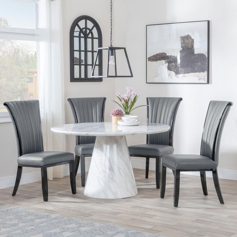 Carrera Dining Set - 4 Seater - 130cm - Round - White Marble - 4x Cadiz Dining Chairs - Grey Leather