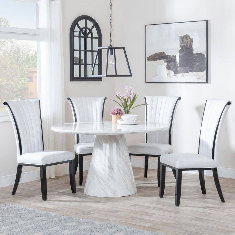 Carrera Dining Set - 4 Seater - 130cm - Round - White Marble - 4x Cadiz Dining Chairs - White Leather