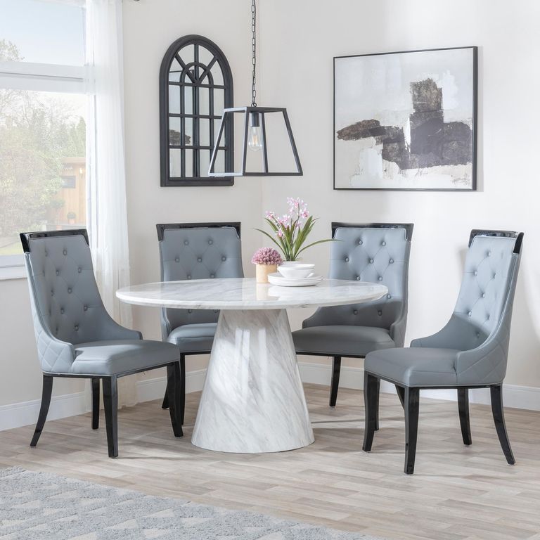 Carrera Dining Set - 4 Seater - 130cm - Round - White Marble - 4x Carmela Dining Chairs - Grey Leather