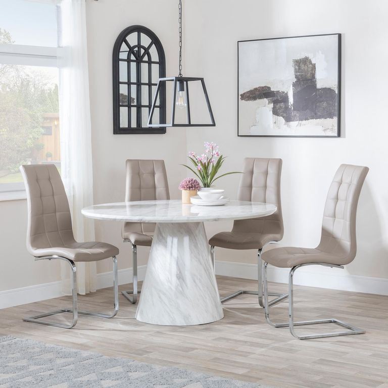 Carrera Dining Set - 4 Seater - 130cm - Round - White Marble - 4x Jamison Dining Chairs - Beige Faux Leather