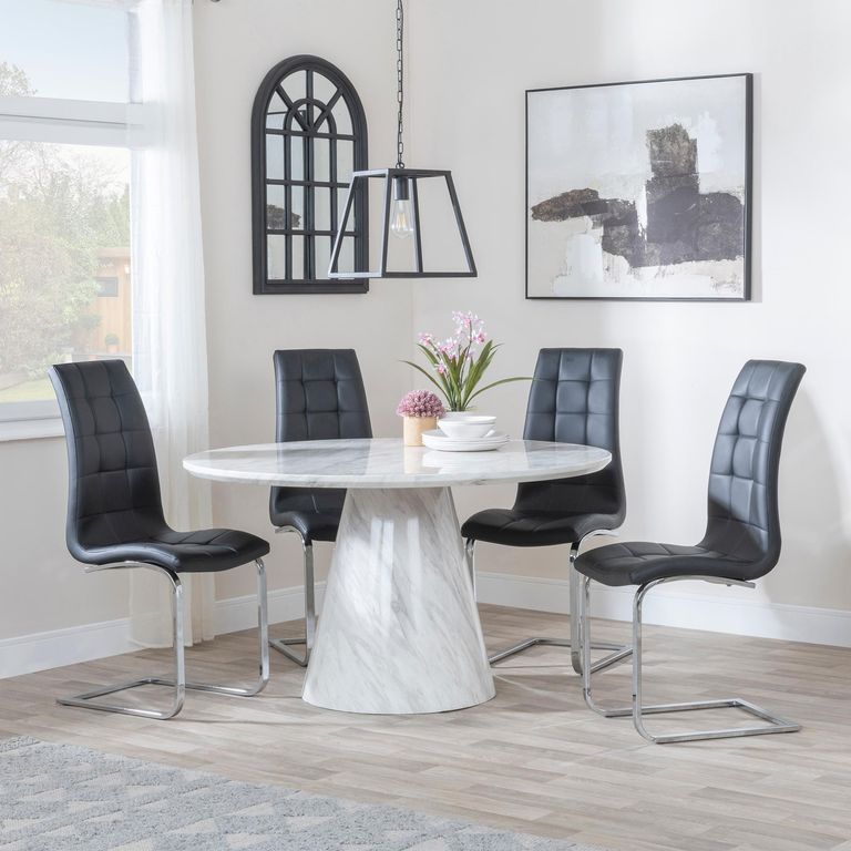 Carrera Dining Set - 4 Seater - 130cm - Round - White Marble - 4x Jamison Dining Chairs - Black Faux Leather