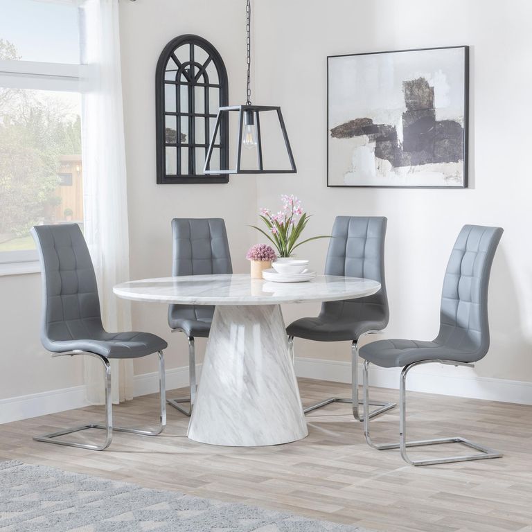 Carrera Dining Set - 4 Seater - 130cm - Round - White Marble - 4x Jamison Dining Chairs - Grey Faux Leather
