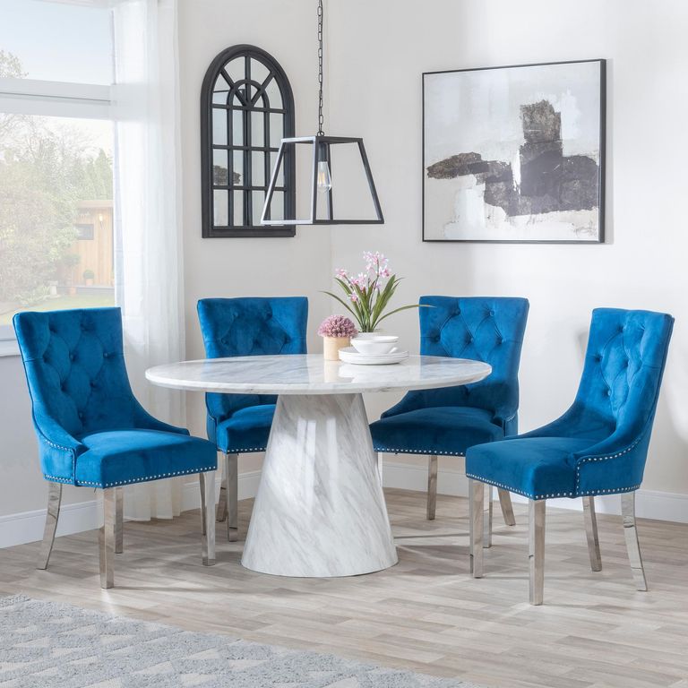 Carrera Dining Set - 4 Seater - 130cm - Round - White Marble - 4x Knocker Back Dining Chairs - Blue Velvet Fabric - Chrome Legs