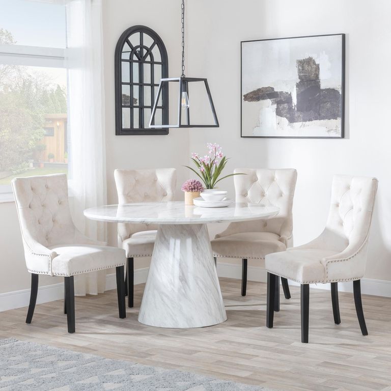 Carrera Dining Set - 4 Seater - 130cm - Round - White Marble - 4x Knocker Back Dining Chairs - Champagne Velvet Fabric - Black Wooden Legs