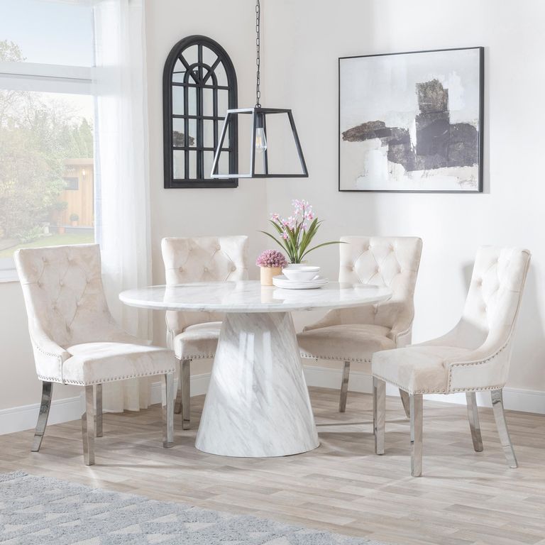 Carrera Dining Set - 4 Seater - 130cm - Round - White Marble - 4x Knocker Back Dining Chairs - Champagne Velvet Fabric - Chrome Legs