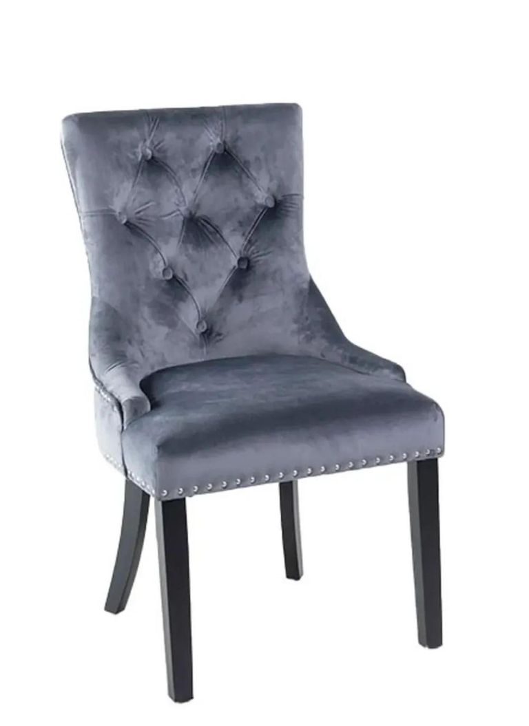 Carrera Dining Set - 4 Seater - 130cm - Round - White Marble - 4x Knocker Back Dining Chairs - Grey Velvet Fabric - Black Wooden Legs